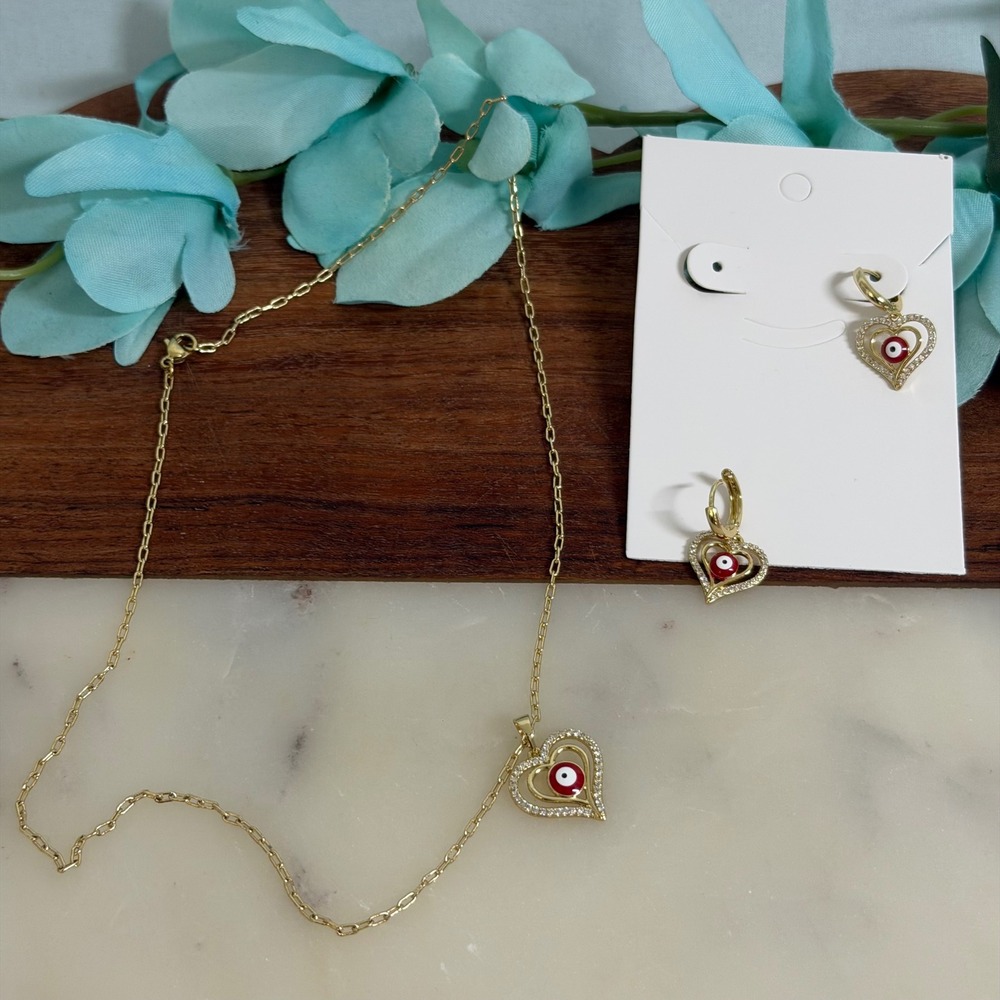 14K Gold Plated Heart Red Evil Eye Set Necklace Huggie‎ Earrings Pave